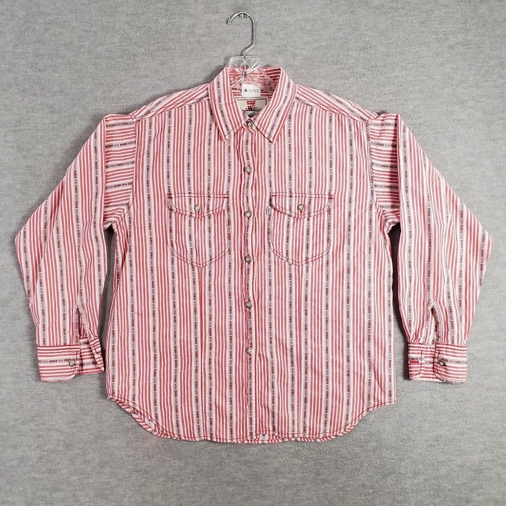 Levi's‎ Women Top Medium Red Striped Southwestern Button Up Shirt Pockets Denim